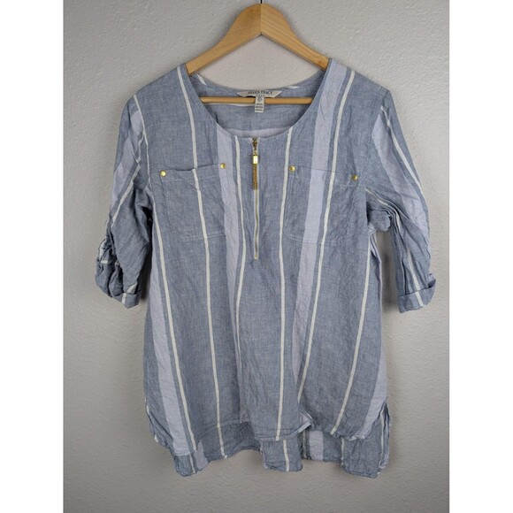 Ellen Tracy Linen Striped Zip Pullover Shirt Large - Picture 1 of 7